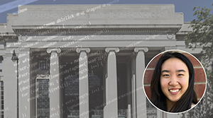 Layered images of a photograph of JIL intern Susan Hong, a photograph of a courthouse, and computer code imagery.